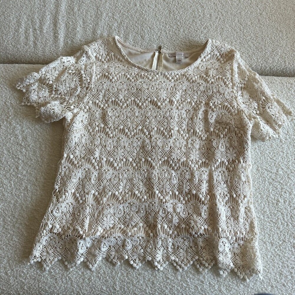 DB Established 1962 Ivory Crochet Lace Bell Sleeve Top Size L – Boho Chic Blouse